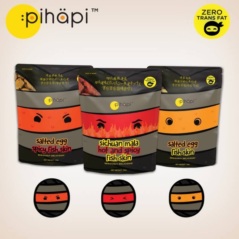 Mixed Flavour 6 packs x 50g Pihapi Fish Skin Snacks (2 Salted Egg + 2 Mild Spicy Salted Egg + 2 Sichuan Mala Hot&Spicy)