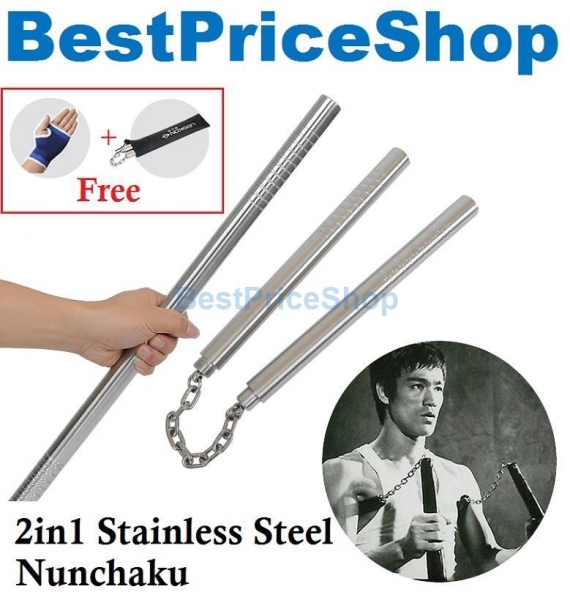 350g Fighting Grade 2in1 Stainless Steel Nunchaku Self Defence Baton Stick