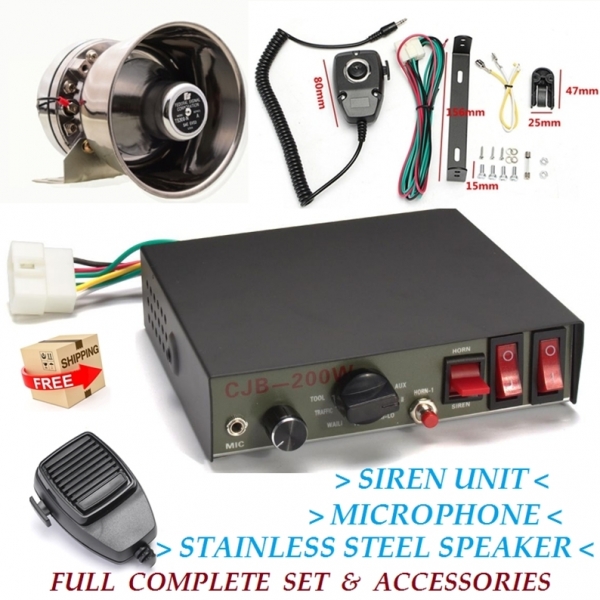 PA System Kit with Handheld Microphone & Light Control Switch with 9 Tones Siren high power 200 Watts 12V/24V DC system for any vehicle.