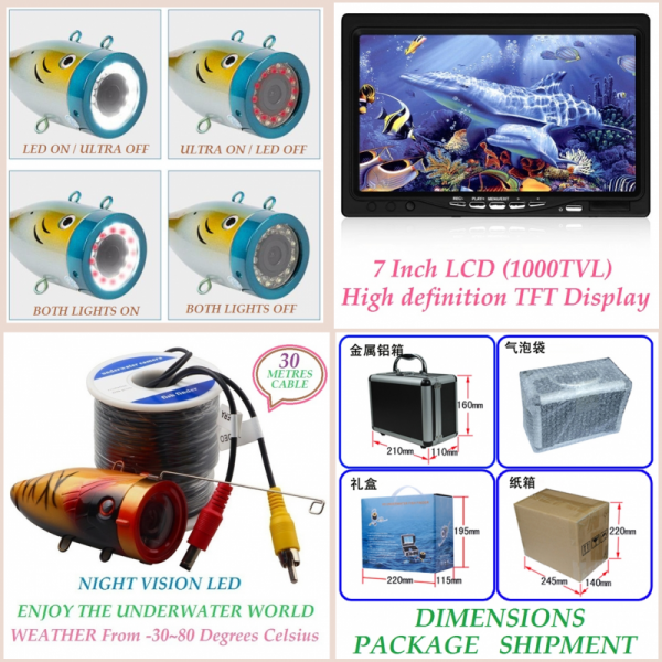 High quality Fish Finder 7" TFT LCD HD 1000TV 30M Underwater Fishing Camera System Kit With 12Pcs White LED Lights