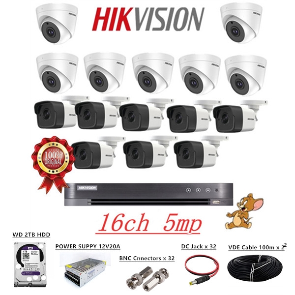HIKVISION CCTV COMBO PACKAGE 16CH 5MP high performance COMS SET (1 DVR DS-7216HUHI-K2 & 16 CAMERA DS-2CE16H0T-ITF , DS-2CE56H0T-ITPF ) (ACCESSORIES)