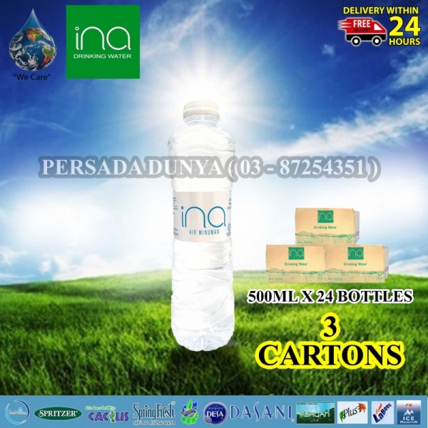PACKAGE OF 3 CARTONS : INA DRINKING WATER 500ML x 24 BOTTLES