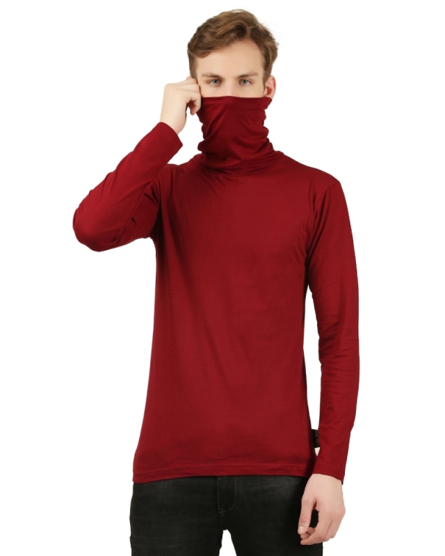Men\'s Casual Wear Maroon High Neck Mask Full Sleeve T-Shirt