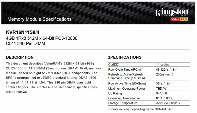 KINGSTON 4GB DDR3-1600 DESKTOP PC RAM - Brand NEW Sealed