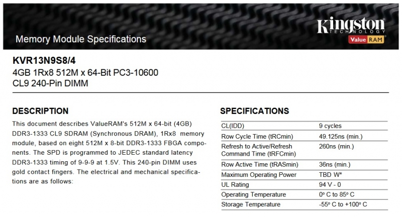 KINGSTON 4GB DDR3-1333 DESKTOP PC RAM - Brand NEW Sealed