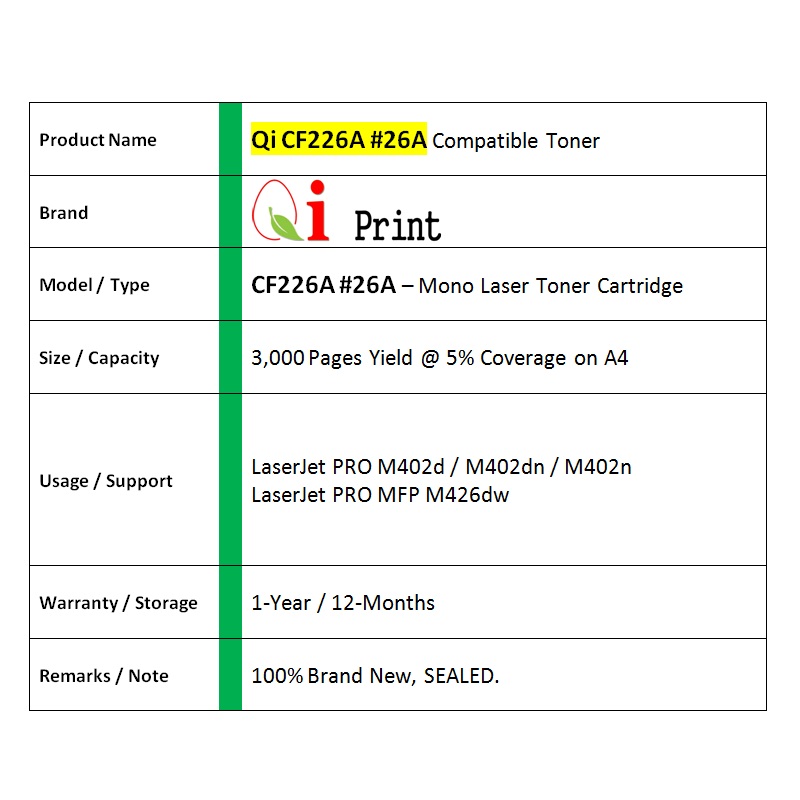 Qi Print HP CF226A 26A M402 M426 Toner Cartridge * NEW SEALED *