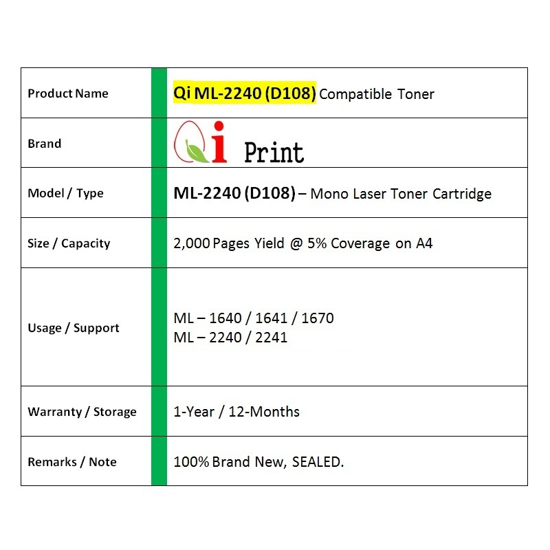 Qi Print D108S MLT-108S ML2240 1640 Toner Compatible * NEW SEALED *