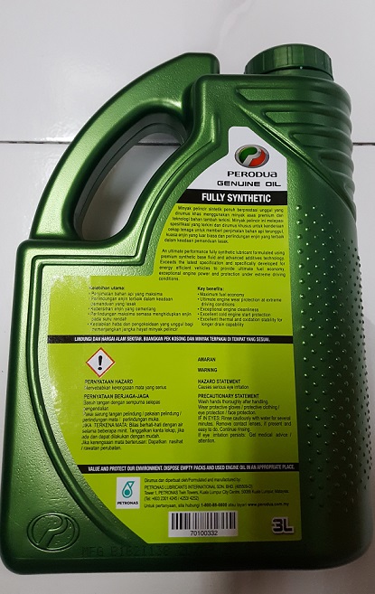 Perodua Fully Synthetic Sae 0w 20 Engine Oil 3l