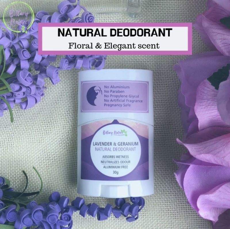 Bellary Nature - Lavender & Geranium Natural Deodorant 30g (No Aluminium, No Parabens, No Phthalates, No Triclosan, No Artificial Fragrance, No Mineral Oils, No Petrolatum)