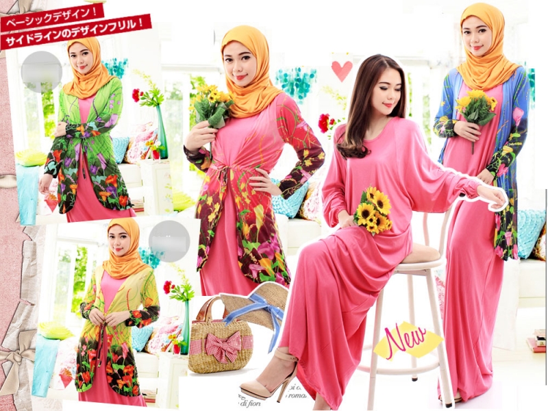 Fashion Two-Piece Floral Design Long Cardigan With Batwing Jubah Dress (Including Shawl)