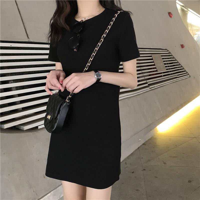 2020 summer Korean version of the new mid-length dress female fashion women's skirt dress(black)