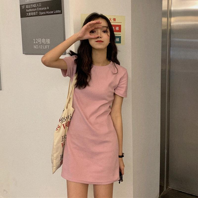 2020 summer Korean version of the new mid-2020 summer Korean v2020 summer Korean version of the new mid-length dress female fashion women's skirt dress(pink)
