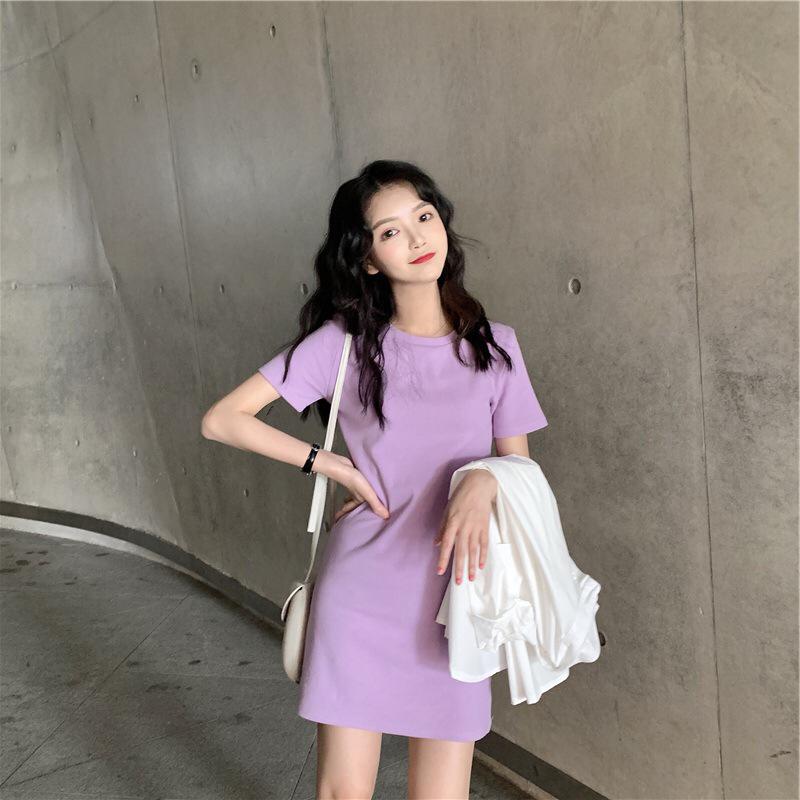 2020 summer Korean version of the new mid-2020 summer Korean v2020 summer Korean version of the new mid-length dress female fashion women\'s skirt dress(purple)