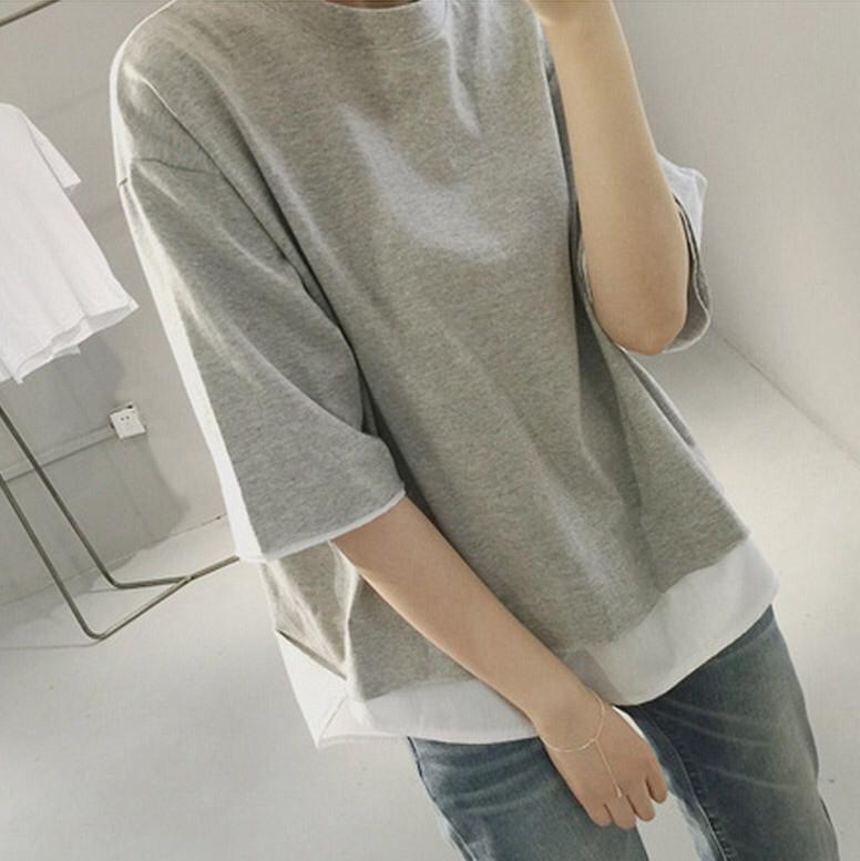Short-sleeved t-shirt female summer loose solid color seven-point sleeve two-piece BF style top shirt(grey)