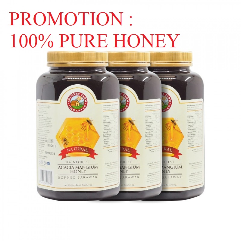 Country Farm Organic 100% pure natural Acacia Honey (3x 1kg) (Certified HALAL Madu ) boost system immune system