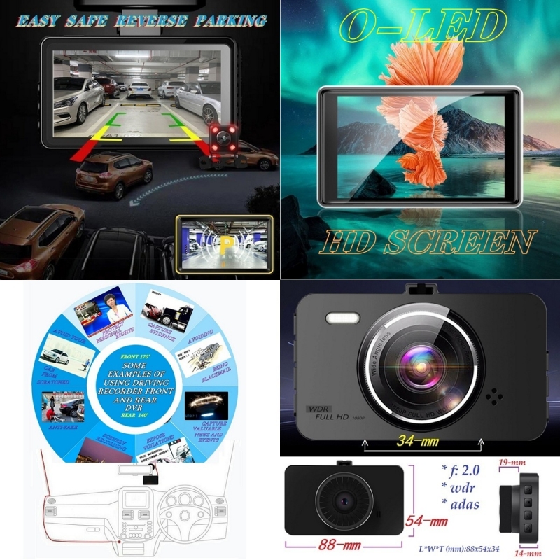 Car Night Vision Dual Lens Dash Cam 1080p FHD DVR 3 inch O-LED Screen Journey Recorder