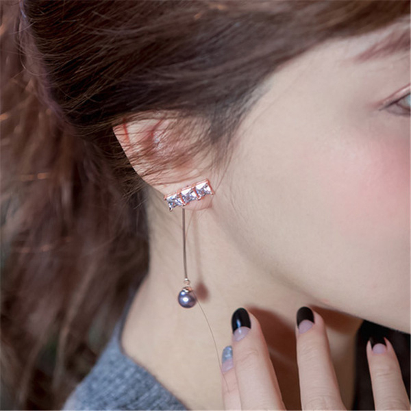 Korean version of three diamonds asymmetric arc long straight line pearl earrings