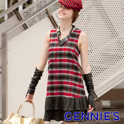 (gennies)Gennies Chini College Wind Scottish Plaid Sleeveless Dress (Red Grey C2Y10)