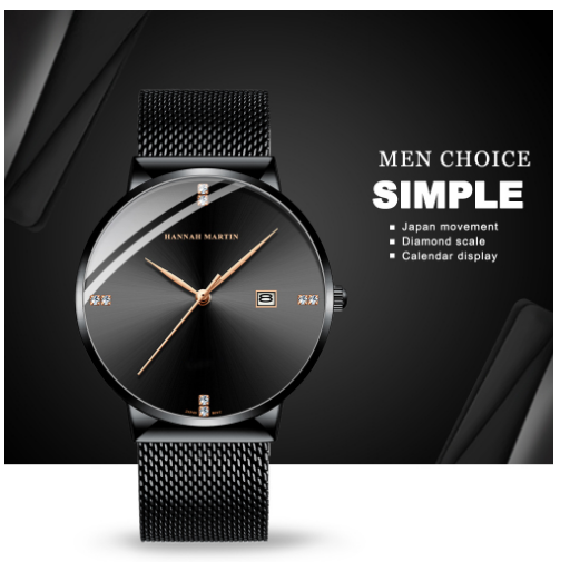 M-Men business waterproof watch with diamond simple quartz watch black color