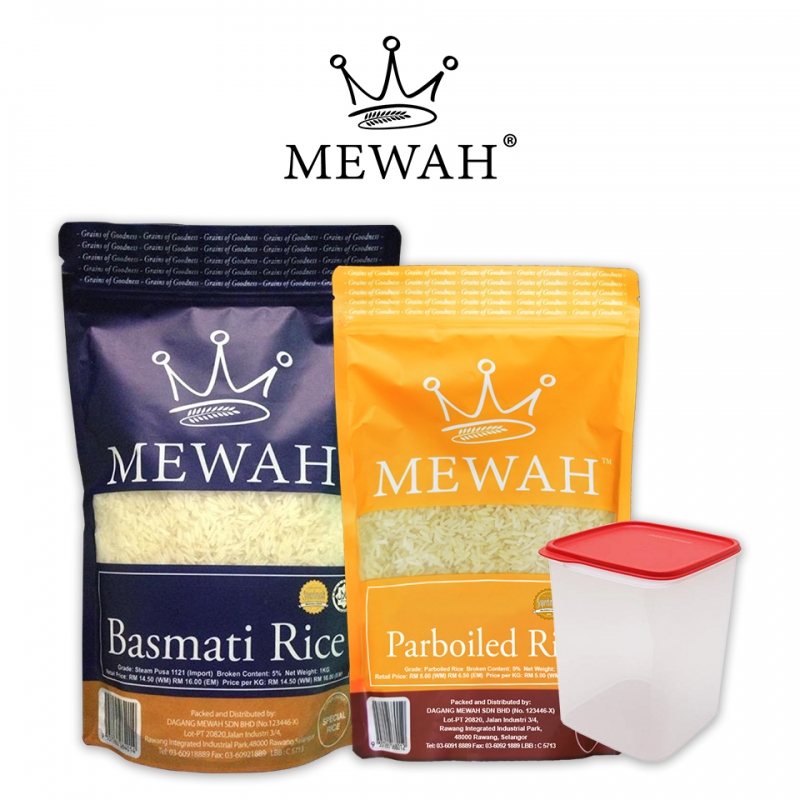 Mewah Bundle Rice Set With Container (Mewah Parboiled Rice 1kg & Mewah Basmati Rice 1kg)
