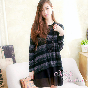(Magic la.la.)Magic la. Medium and large size chiffon stitching horizontal striped shirt A508 (simple black)