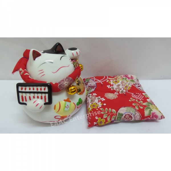 Ceramic Quality 6" Lucky Fortune Cat Saving Box Bank + Red Cushion 招财猫扑满