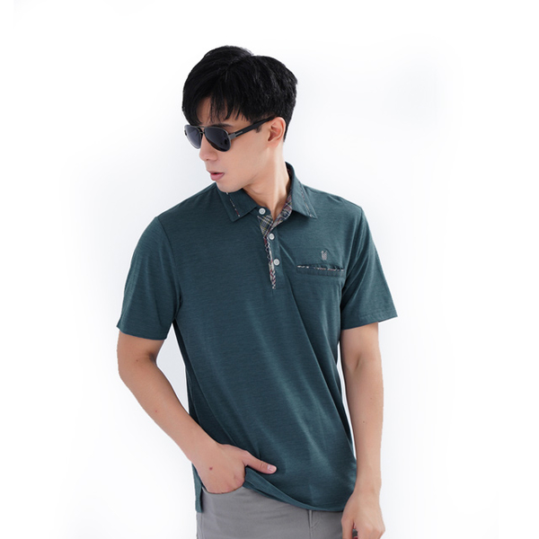 (globe trotter)Travel all over the world men's plaid anti-U function POLO shirt GS1012 blue green