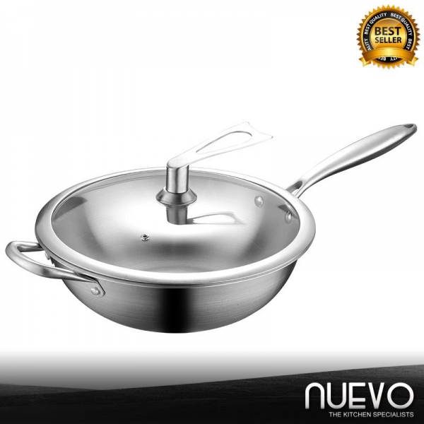 Nuevo 34cm Stainless Steel Wok Gas Stove Pan Induction Cooker Thickened Pan