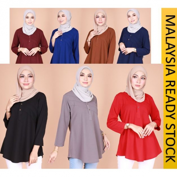 Ready Stock Qailah M 2xl Blouse Wanita Less Iron Blouse Menyusu Qailah Front Button Muslimah Blouse