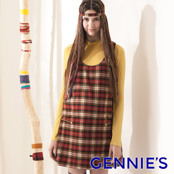 Gennies Qini classic Plaid stitching sleeveless dress (Orange G2408)