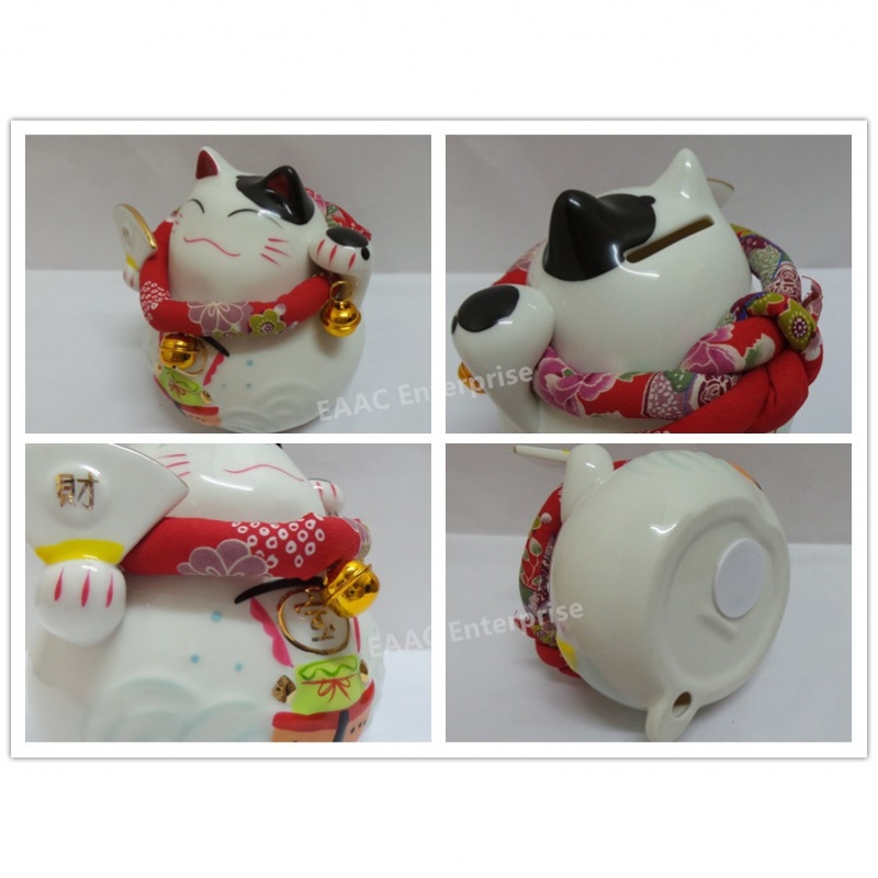 Ceramic Quality 6" Lucky Fortune Cat Saving Box Bank + Red Cushion 招财猫扑满 2