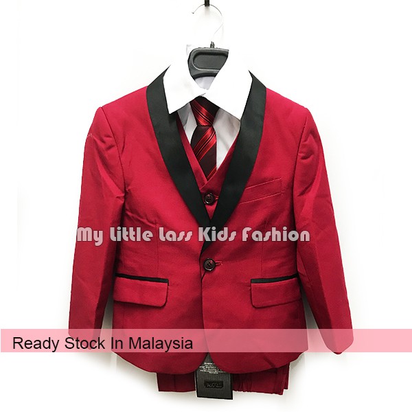 Luxury 5Pcs Little Boy/Man Coat Vest Set with Tie - Maroon Black