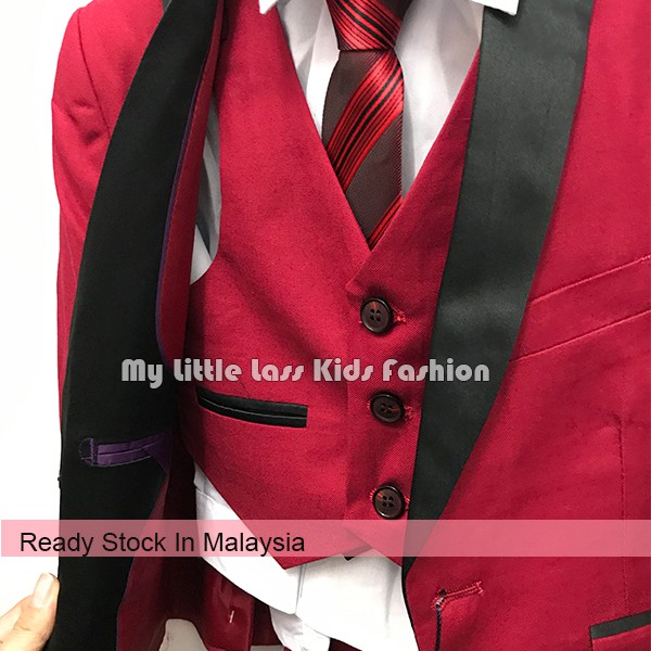 Luxury 5Pcs Little Boy/Man Coat Vest Set with Tie - Maroon Black