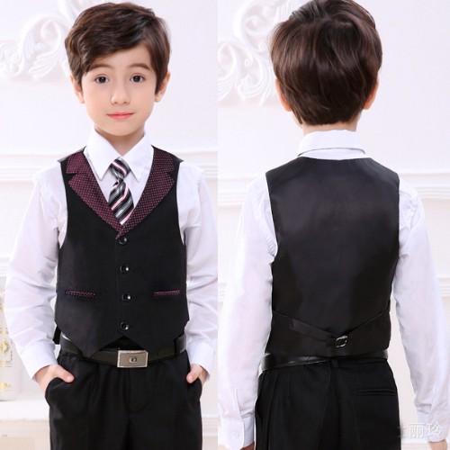 Luxury 5Pcs Little Boy/Man Coat Vest Set with Tie- Maroon Printed Black