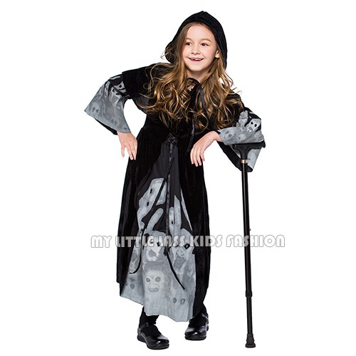 Kids Adult Halloween Witch Vampire Costume Skeleton Printing Black Long Dress Dress up Cosplay