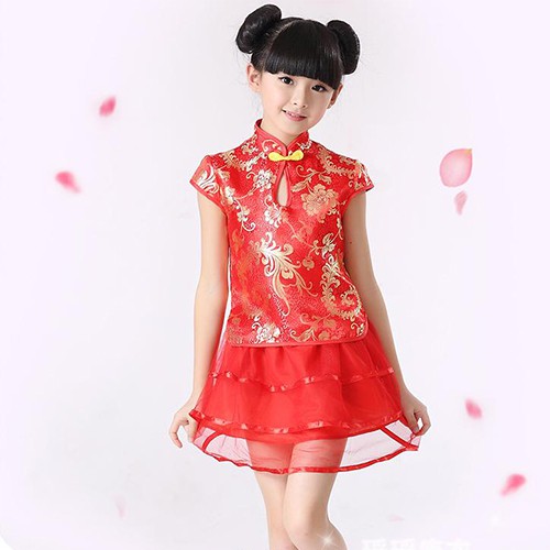 Chinese Cheong Sam 2pcs Tutu Skirt Set Red 5-7y