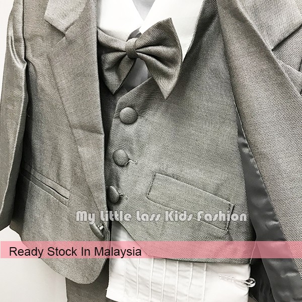 Luxury 5Pcs Little Boy Coat Vest Set with Bow Tie Coat Suit - Grey 3 MONTHS - 4Y