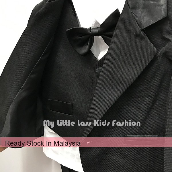 Luxury 5Pcs Little Boy Coat Vest Set with Bow Tie Baby Coat Suit - Black 3 Months-4Y
