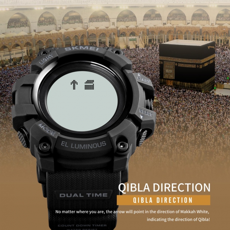 SKMEI 1680 Kiblat Men's Qibla Direction Time Pilgrimage Watch LED Light Languege Selection Date Alarm Hijri Calendar