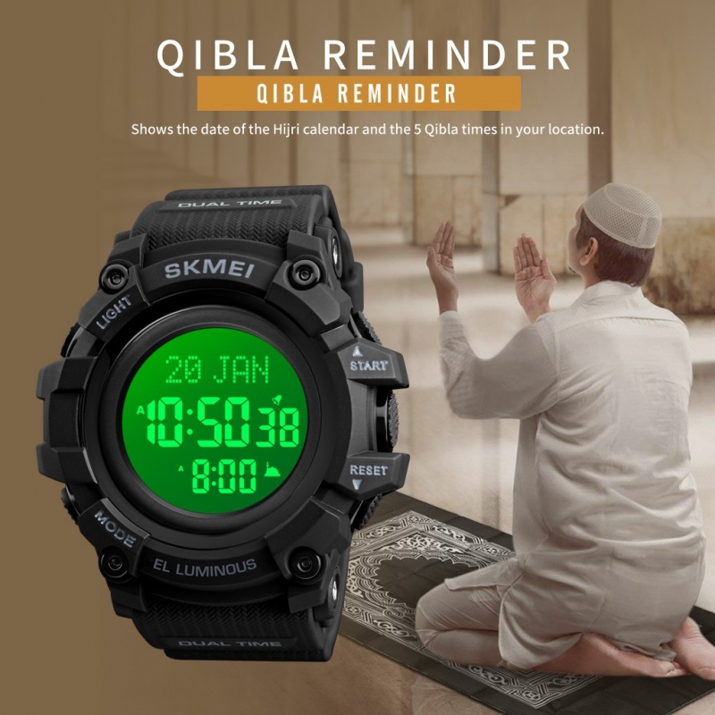 SKMEI 1680 Kiblat Men's Qibla Direction Time Pilgrimage Watch LED Light Languege Selection Date Alarm Hijri Calendar