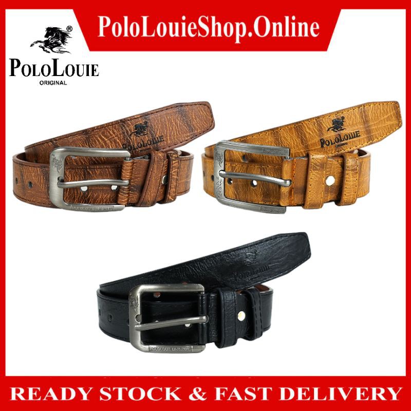 Original Polo Louie Men Unique Leather Full Hole Pin Buckle Belt Stylish Waist Strap Belts Tali Pinggang