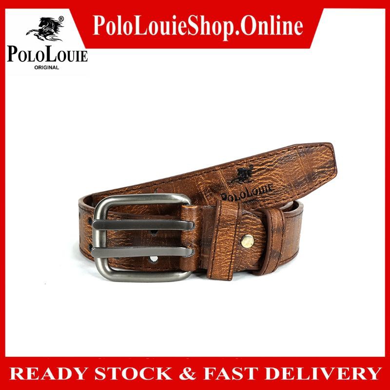 Original Polo Louie Men Premium PU Leather Double Pin Full Hole Buckle Belt Luxury Waist Strap Belts Tali Pinggang