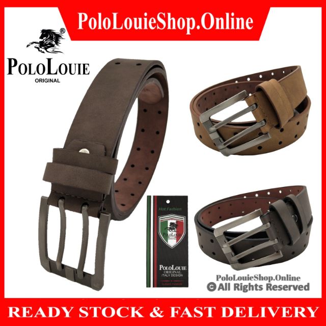 Original Polo Louie Men Double Hole Buckle Belt Smooth Leather Waist Strap Belts Tali Pinggang Lelaki