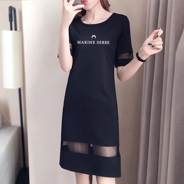 Dress 韩版修身时尚夏季字母印花网纱拼接连衣裙中长款遮肚