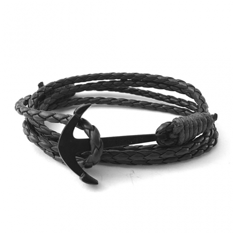 Black Braided Leather Anchor Bracelet