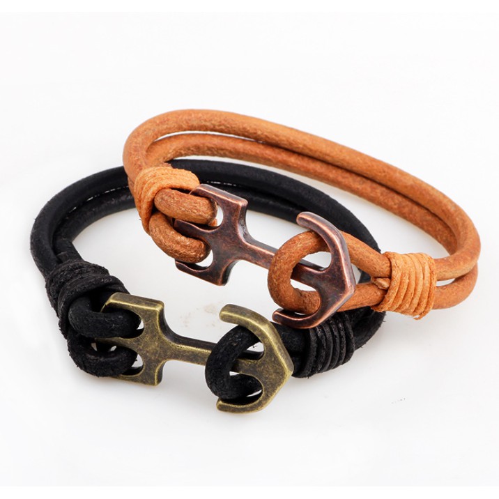 Cowhide Leather Rope with Ancient Anchor Bracelet
