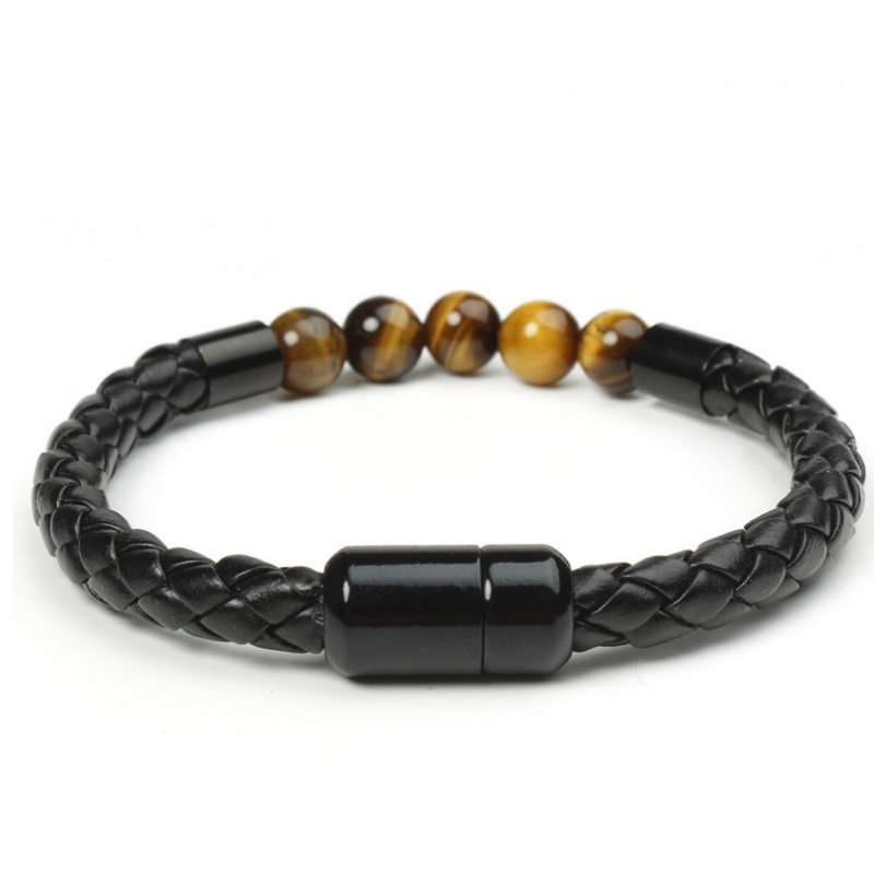 Magnetic Leather Strap with Tiger Eye/Volcanic Stone Bracelet