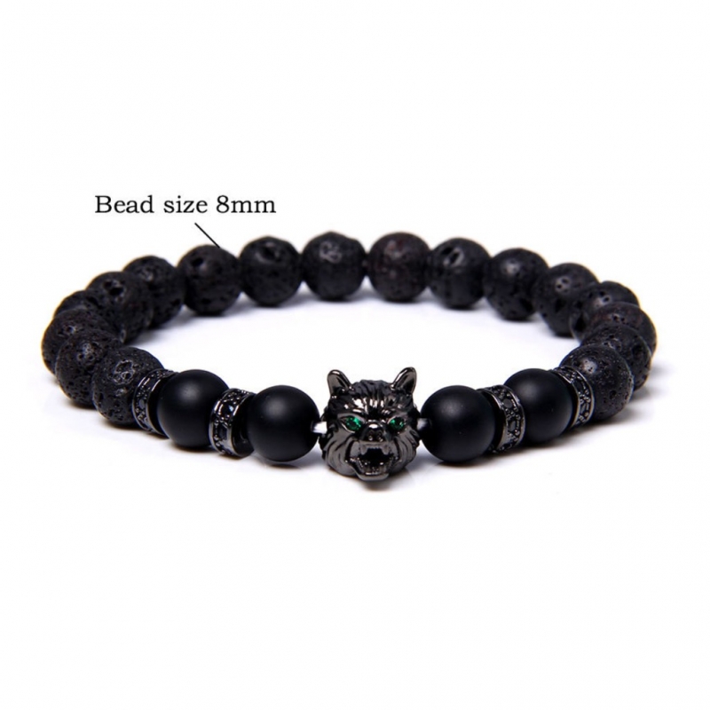 Black wolf head with jade & volcanic bracelet