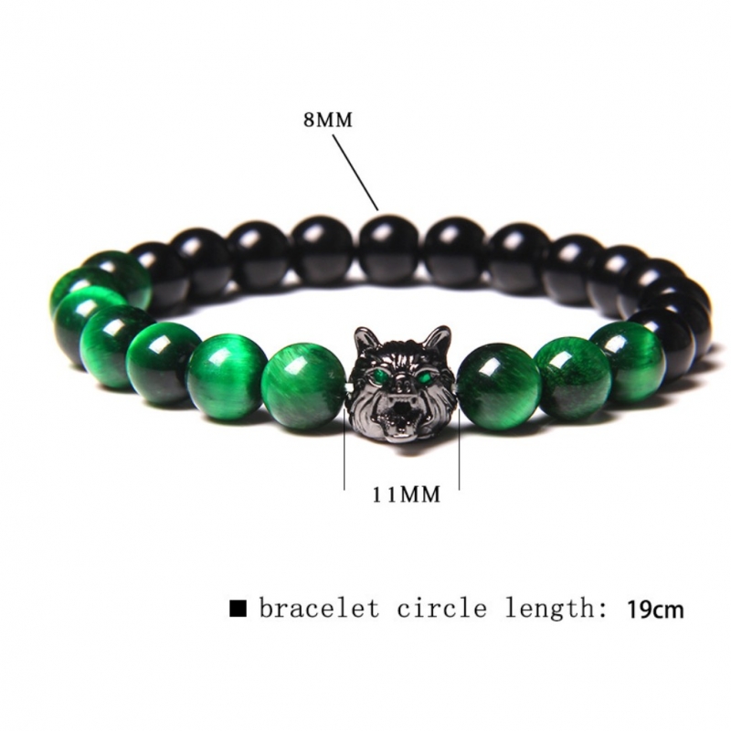Black wolf head with jade & volcanic bracelet
