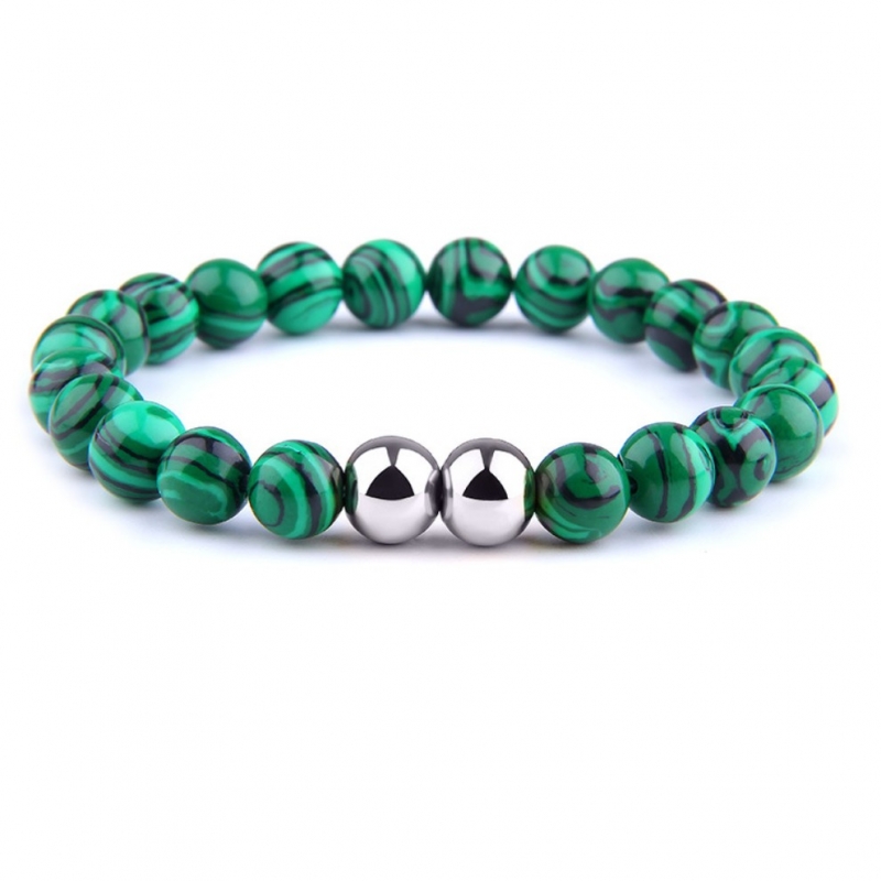 Green malachite with double silver bead bracelet